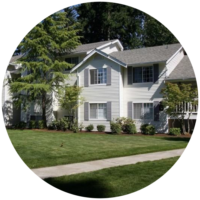 Outside view of a building n white color in a circle frame